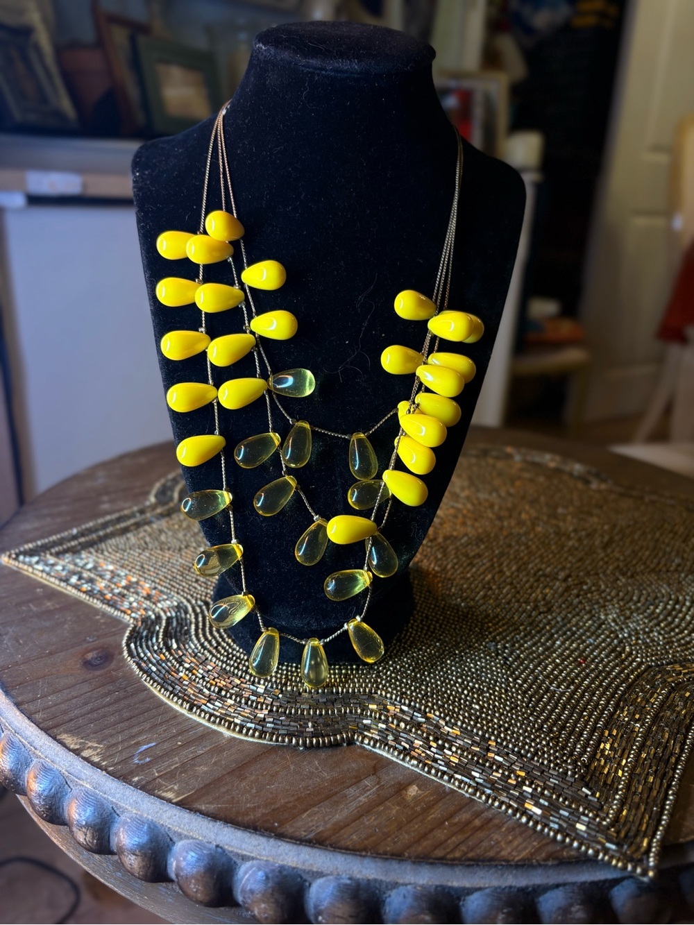 Vintage Yellow Teardrop Multi Strand Statement Necklace Gold Tone Retro Mod Boho